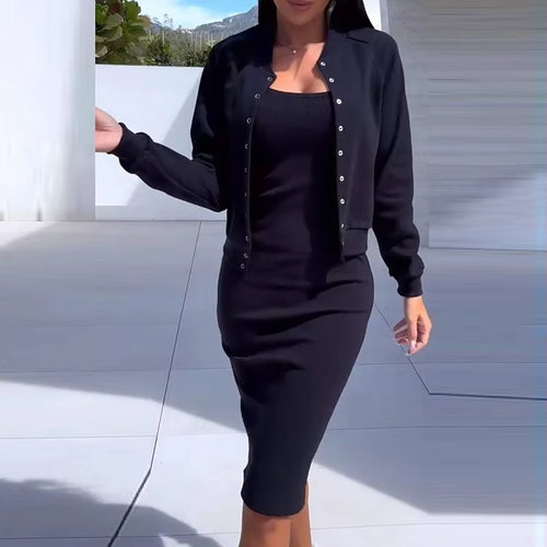 Elegant Solid Bodycon Vestidos Dresses Coat Matching Set Autumn Winter Women Casual Slim 2PC Set Fashion Single Breasted Outfits