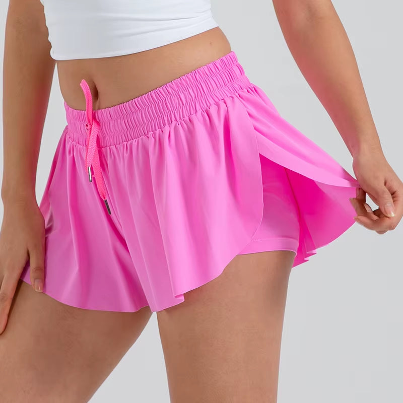 2 in 1 Flowy Sports Shorts Women Running Short Butterfly Tennis Skirt with Pockets Gym Yoga Athletic Biker Spandex Skirts Summer