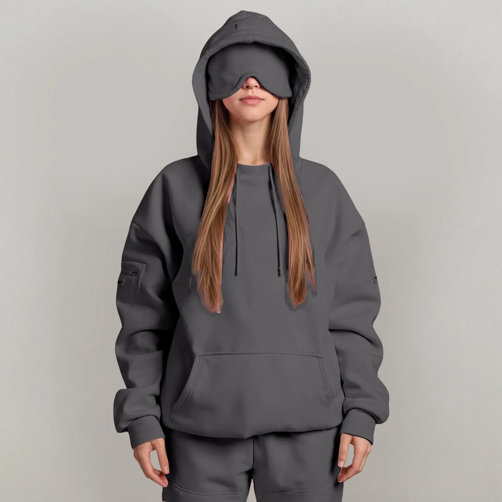 Oversize Hooded Sweatshirt Women with Eye Mask Solid Color Loose Casual Hoodies Sport Running plus Size Sweatshirt Pullover