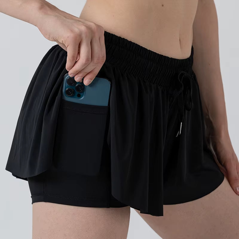 2 in 1 Flowy Sports Shorts Women Running Short Butterfly Tennis Skirt with Pockets Gym Yoga Athletic Biker Spandex Skirts Summer