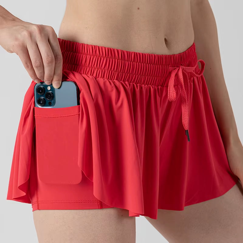 2 in 1 Flowy Sports Shorts Women Running Short Butterfly Tennis Skirt with Pockets Gym Yoga Athletic Biker Spandex Skirts Summer