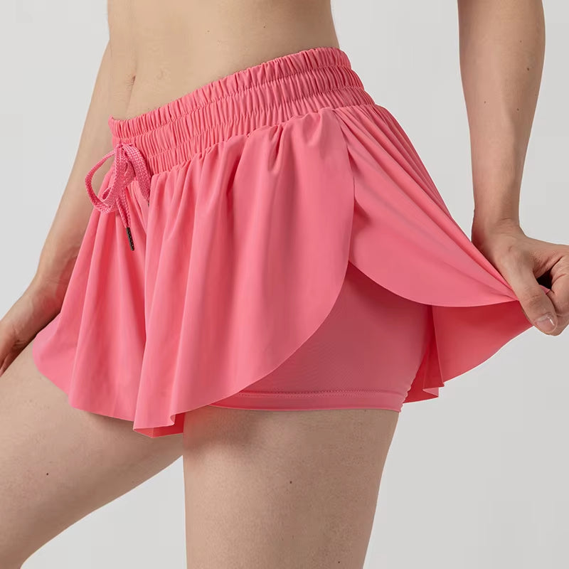 2 in 1 Flowy Sports Shorts Women Running Short Butterfly Tennis Skirt with Pockets Gym Yoga Athletic Biker Spandex Skirts Summer
