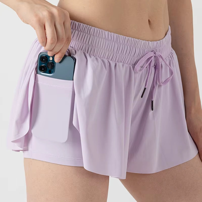 2 in 1 Flowy Sports Shorts Women Running Short Butterfly Tennis Skirt with Pockets Gym Yoga Athletic Biker Spandex Skirts Summer