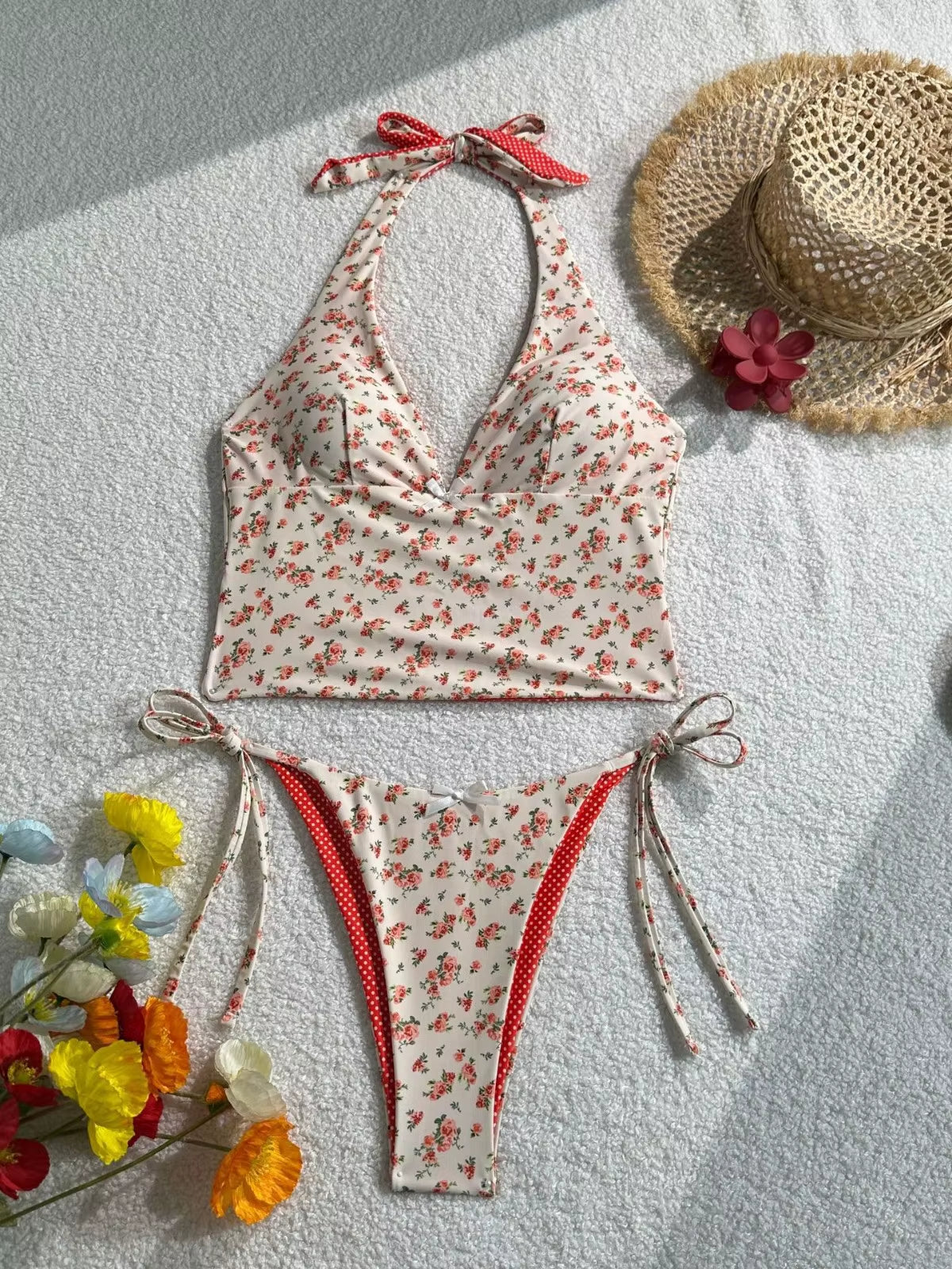 2025 Summer Floral Halter Bikini Women'S Sexy Backless Swimwear with Tie Detail Summer Strappy Two Piece Bathing Suit Holiday