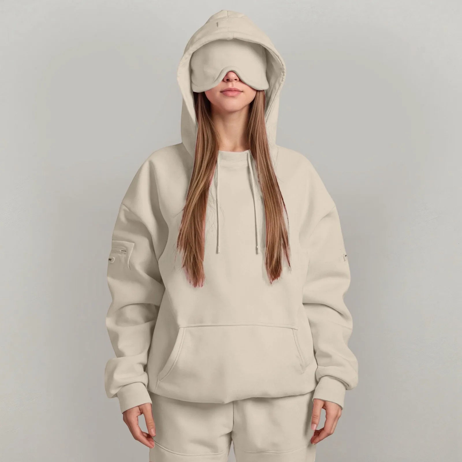 Oversize Hooded Sweatshirt Women with Eye Mask Solid Color Loose Casual Hoodies Sport Running plus Size Sweatshirt Pullover