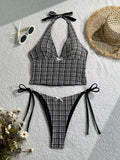 2025 Summer Floral Halter Bikini Women'S Sexy Backless Swimwear with Tie Detail Summer Strappy Two Piece Bathing Suit Holiday