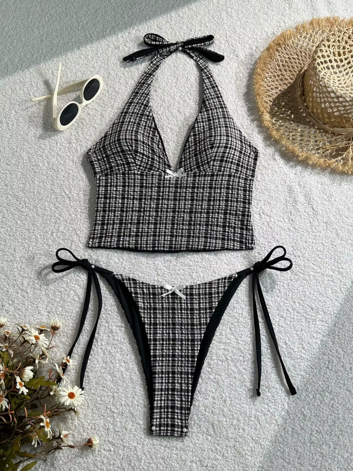 2025 Summer Floral Halter Bikini Women'S Sexy Backless Swimwear with Tie Detail Summer Strappy Two Piece Bathing Suit Holiday