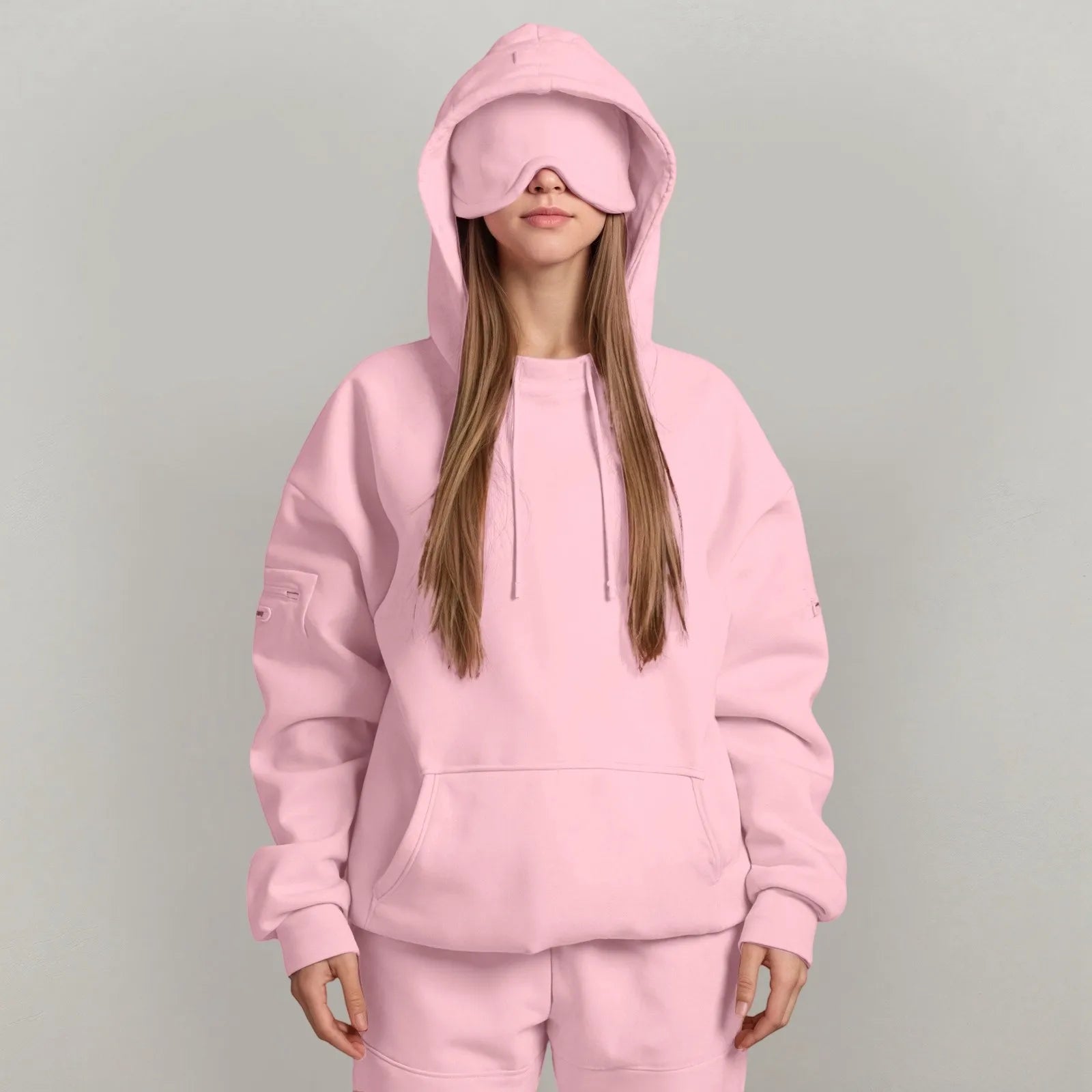 Oversize Hooded Sweatshirt Women with Eye Mask Solid Color Loose Casual Hoodies Sport Running plus Size Sweatshirt Pullover