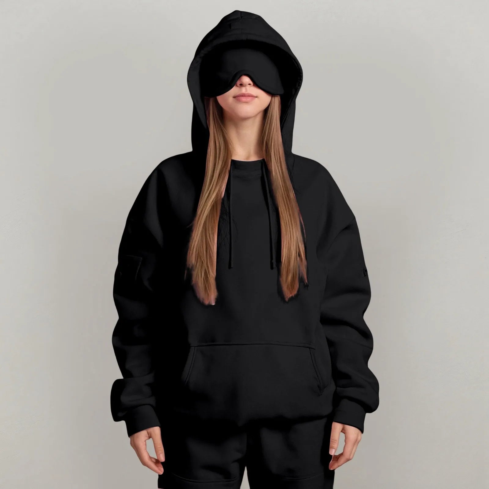 Oversize Hooded Sweatshirt Women with Eye Mask Solid Color Loose Casual Hoodies Sport Running plus Size Sweatshirt Pullover